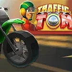 Grøn motorcykel i fart og tegnet figur med hjelm ved siden af en farverig titeltekst