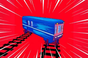 En blå togvogn på skinner mod en rød strålende baggrund