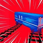 En blå togvogn på skinner mod en rød strålende baggrund