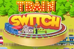 Tegnet billede af et tog på en cirkulær jernbane med teksten Train Switch i lysende bogstaver over skovbaggrund