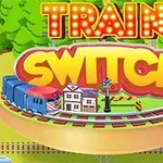 Tegnet billede af et tog på en cirkulær jernbane med teksten Train Switch i lysende bogstaver over skovbaggrund