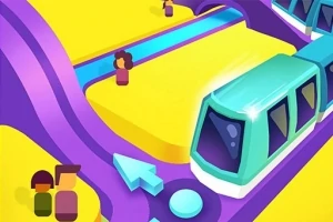 Farverigt futuristisk transportsystem med en toglignende kørende enhed på en farverig platform