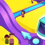 Farverigt futuristisk transportsystem med en toglignende kørende enhed på en farverig platform