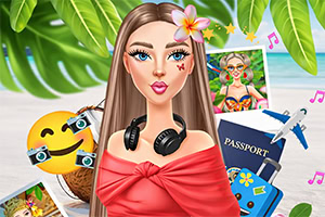Illustration af en ung kvinde med langt brunt hår, rødt off-shoulder top og høretelefoner om halsen, omgivet af tropiske blade, et pas og flybillet, et kamera, en emoji og et feriefoto i baggrunden