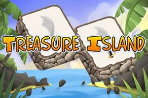 Tekst Treasure Island over en tropisk strand med palmer og sten i forgrunden