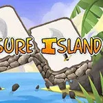 Tekst Treasure Island over en tropisk strand med palmer og sten i forgrunden