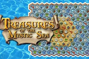 En farverig mosaik bestående af sekskantede brikker med forskellige symboler ved siden af en pergamentrulle med tekst, alt sammen på en baggrund af blåt vand