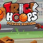 En tegneserieillustration af en basketballspiller, der skyder mod en kurv med teksten Trick Hoops Puzzle Edition i baggrunden