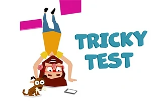 En person med briller står på hovedet ved siden af en lille hund og en mobiltelefon, med teksten TRICKY TEST ved siden af