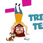 En person med briller står på hovedet ved siden af en lille hund og en mobiltelefon, med teksten TRICKY TEST ved siden af