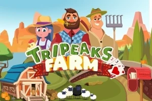 Tegneserieillustration af tre landmænd med halmhatte og en høtyv foran en gård med får, en lade og en rød postkasse, ledsaget af teksten Tripeaks Farm