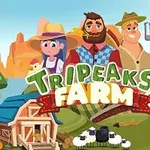 Tegneserieillustration af tre landmænd med halmhatte og en høtyv foran en gård med får, en lade og en rød postkasse, ledsaget af teksten Tripeaks Farm