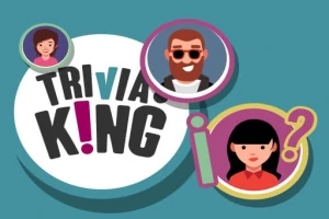 Grafik med ordet Trivia King, tre cirkelportrætter af animerede figurer og en stor cirkel med et spørgsmålstegn