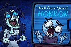 En tegneseriefigur med langt, sort hår og stor smilende mund holder en controller, mens en skærm viser en forskrækket figur og teksten Troll Face Quest: Horror