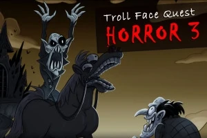 En animeret scene med en uhyggelig figur på en hest og en anden skævt smilende karakter, alt i en mørk og dyster stil