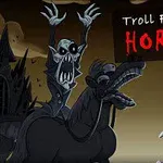 En animeret scene med en uhyggelig figur på en hest og en anden skævt smilende karakter, alt i en mørk og dyster stil