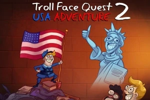 En tegneserieillustration viser Frihedsgudinden, en person klædt som politi, der holder et amerikansk flag, og to karakterer med humoristiske ansigtsudtryk