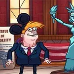 En tegneserieillustration viser Frihedsgudinden, en person klædt som politi, der holder et amerikansk flag, og to karakterer med humoristiske ansigtsudtryk