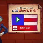 En tegneseriefigur i en blå hat og rød butterfly peger, mens han står ved siden af en plakat med ordene USA Adventure og en play-knap