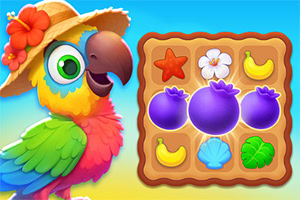 Tropical Match 2 Papegøje med en hat og et farverigt puslespil af frugter og skaller