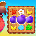 Tropical Match 2 Papegøje med en hat og et farverigt puslespil af frugter og skaller