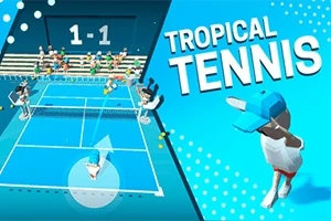 Tegnet tenniskamp på en blå bane med spillere og en tribune; teksten Tropical Tennis vises