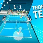 Tegnet tenniskamp på en blå bane med spillere og en tribune; teksten Tropical Tennis vises