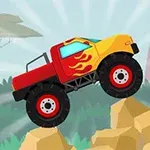 En rød og gul monstertruck med flammedesign kører over sten i et tegneserielandskab med træer i baggrunden