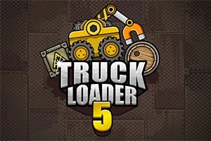 Billede af en legetruck med gule hjul, en kasse med et advarselsmærke, og en trætønde, med teksten Truck Loader 5 i midten