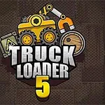 Billede af en legetruck med gule hjul, en kasse med et advarselsmærke, og en trætønde, med teksten Truck Loader 5 i midten