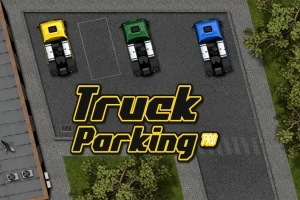 Tre parkerede lastbiler i forskellige farver (gul, grøn, blå) på en parkeringsplads med teksten Truck Parking i forgrunden