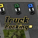 Tre parkerede lastbiler i forskellige farver (gul, grøn, blå) på en parkeringsplads med teksten Truck Parking i forgrunden