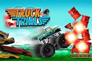 Monstertruck kører over forhindringer og eksploderende tønder med teksten Truck Trials i baggrunden
