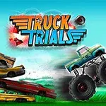 Monstertruck kører over forhindringer og eksploderende tønder med teksten Truck Trials i baggrunden