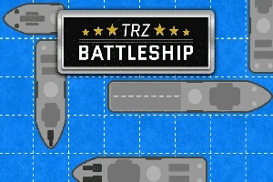 Grå skibe på en blå gitterbaggrund med en sort skilt, der har teksten TRZ Battleship og stjerner