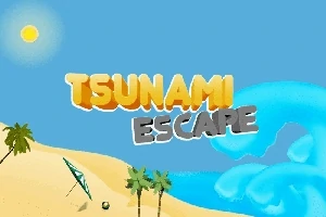 Titeltekst Tsunami Escape over et strandlandskab med palmer, parasol og en stor bølge under en klar blå himmel