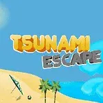 Titeltekst Tsunami Escape over et strandlandskab med palmer, parasol og en stor bølge under en klar blå himmel