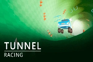 Et blåt køretøj racer gennem en grøn tunnel med orange pile, der viser vejen