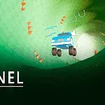 Et blåt køretøj racer gennem en grøn tunnel med orange pile, der viser vejen