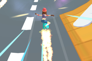 Person på et skateboard, der svæver på en vej med flammer bag sig