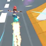 Person på et skateboard, der svæver på en vej med flammer bag sig