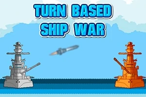 To krigsskibe, et gråt og et orange, står overfor hinanden med en missil i midten og teksten Turn Based Ship War øverst på billedet