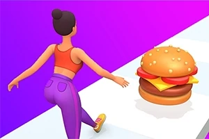 En animeret person i træningstøj bevæger sig mod en stor burger på en farvet sti