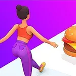 En animeret person i træningstøj bevæger sig mod en stor burger på en farvet sti