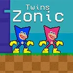 To figurer med trekantede hoveder og store gule sko står på en jordlignende platform med teksten Twins Zonic øverst