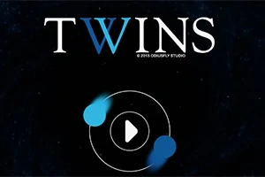 Tekst TWINS med to blå lysglimt omkring en cirkel på en mørk baggrund