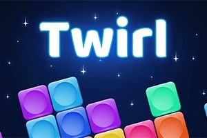Blokke i forskellige farver stablet i et skråt mønster med teksten Twirl øverst omgivet af stjerner på en mørk baggrund