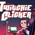 Tegneserielignende figur sidder ved et skrivebord med en bærbar computer og mikrofon, mens en lille drage eller dæmon sidder på stolen; teksten Twitchie Clicker er synlig øverst