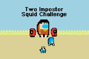En pixelkunstscene med tre figurer i forskellige farver på en beige og blå baggrund med teksten Two Impostor Squid Challenge øverst