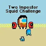 En pixelkunstscene med tre figurer i forskellige farver på en beige og blå baggrund med teksten Two Impostor Squid Challenge øverst